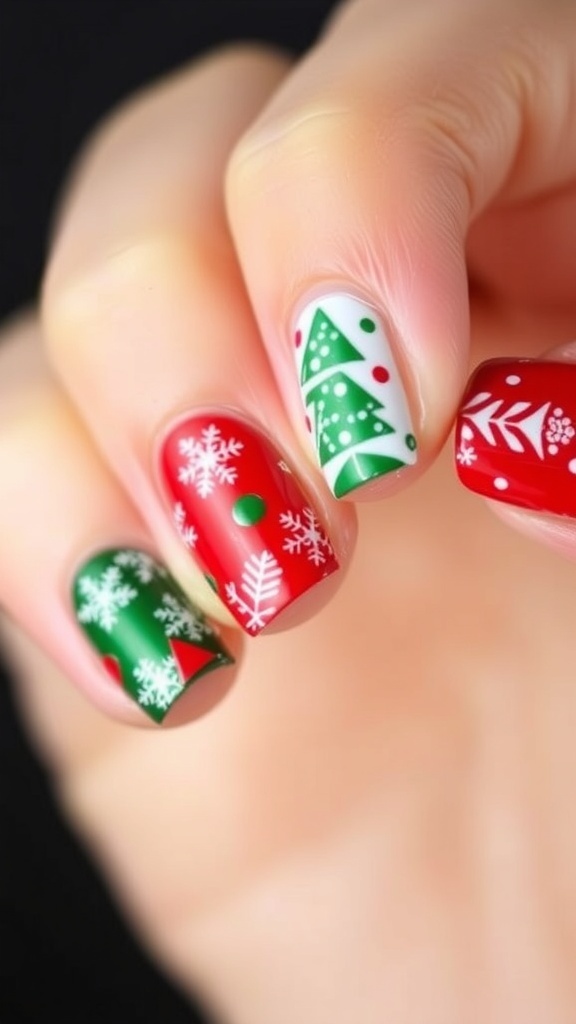 Short Christmas nails with festive designs in red and green, featuring snowflakes and glitter.
